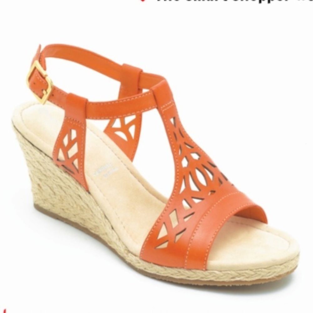 Rockport Emily Laser Cut T Strap Orange Leather Wedge Sandals- Size 9.5